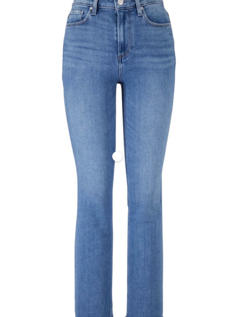 PAIGE CINDY Jeans: “Music Distressed Blue” High-Rise, Raw-edge hem
